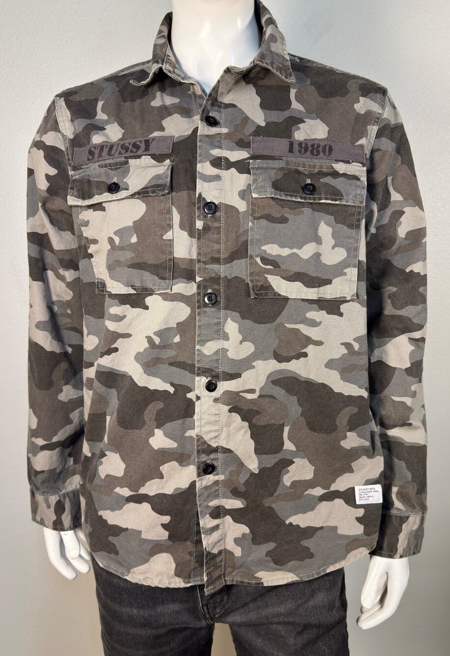 Stussy Camouflage Army Button Top Shirt Men’s Long Sleeve Double Pockets Size L